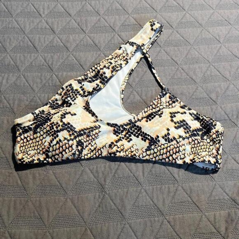 Womens Snakeskin One Shoulder Bikini Top Cutout Animal Print Swimwear‎ Neutral